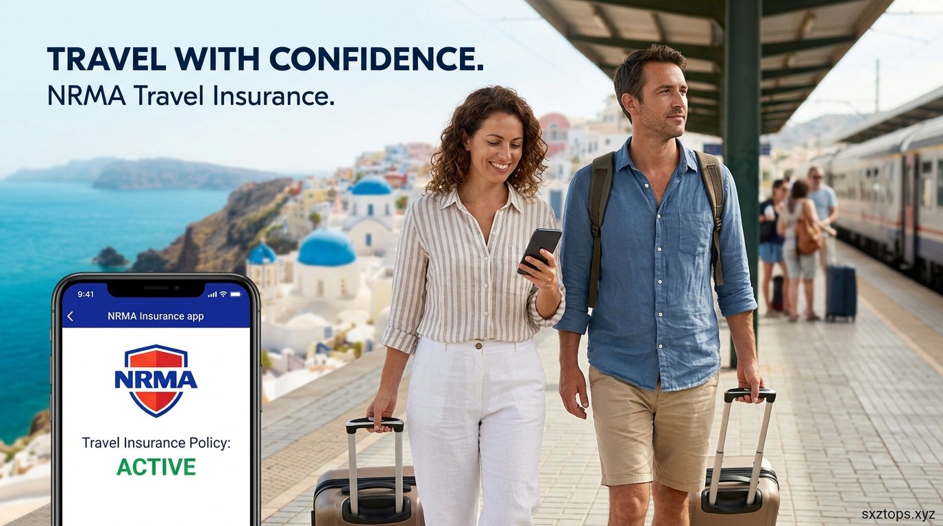 Traveler holding passport and luggage at airport with NRMA Travel Insurance protection for international trips
